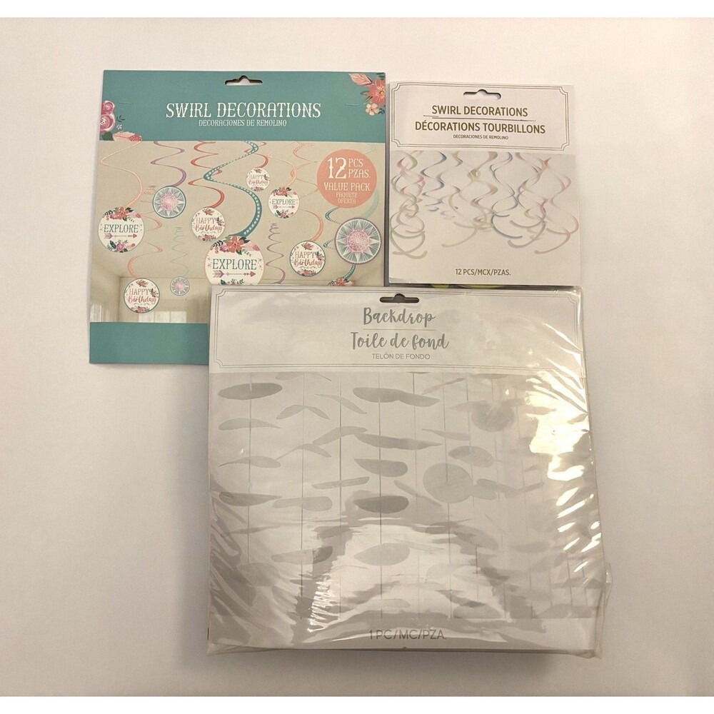 Mix & Match Party Decorations Lot- Adventure Birthday, Pastel Swirls & Backdrop